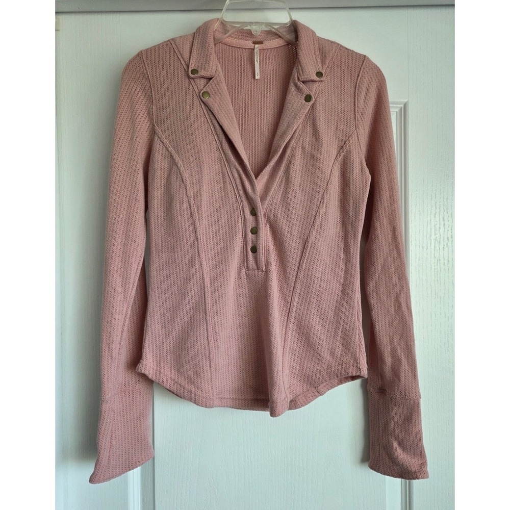 Free‎ People Pink Long Sleeve Collar Henly Thermal Knit Top Sz S Boho Casual